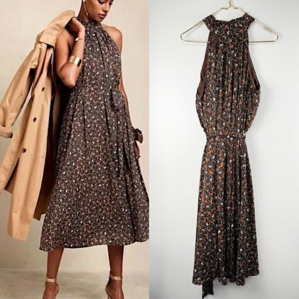 Banana Republic Sz Petite Large Halter Midi Dress In Floral Rustic Brown